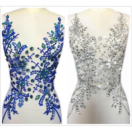 HANDMADE 30x55cm Blue Silver Sew on Sequin Crystal Rhinestone Beaded Decorative Patches Applique For Sewing Bridal Dress Clothes