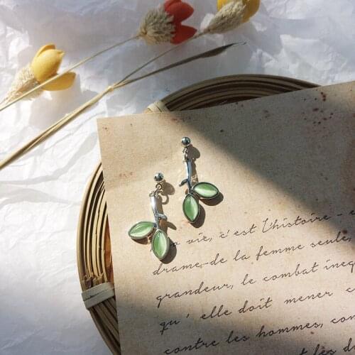 No Pierced Japanese Stylish Earrings Green Leaves Glass Stone Clip On Earrings Without Piercing for Women Lady Brincos