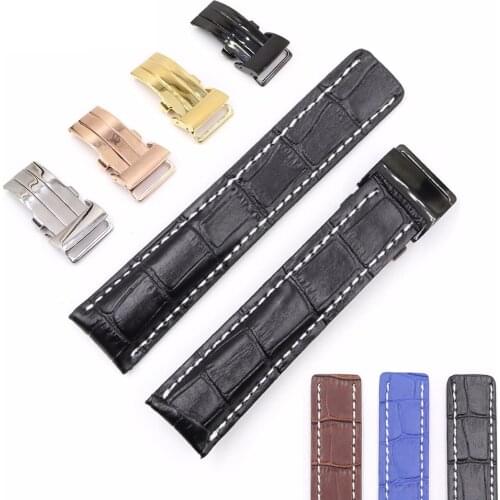 Rolamy 22 24mm Black Brown Blue Replacement Real Cowhide Leather Wrist Watch Band Strap With Silver Clasp Buckle For BREITLING