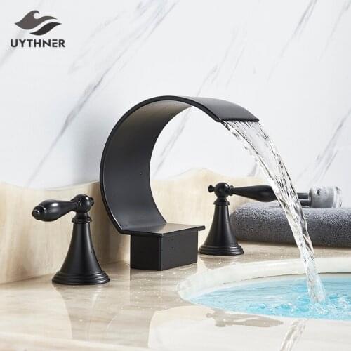 Uythner Matte Black Basin Water Faucet Mixer Basin Tap Bathroom Wide Spout Waterfall Bathtub Faucet Hot And Cold Water Mixer