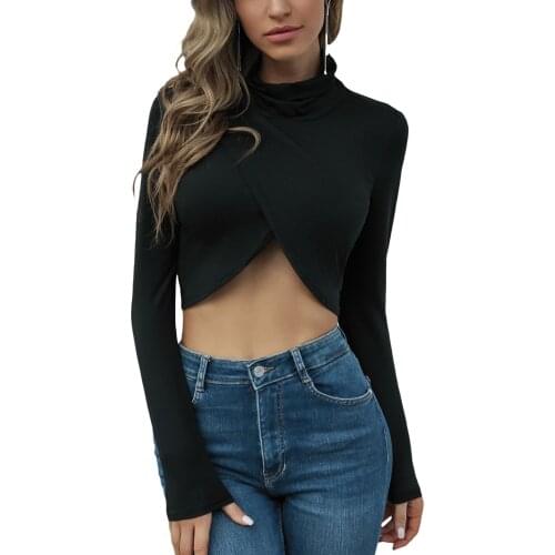 Women’s Casual Long Sleeve T-shirt Personality Solid Color Slim Fit Irregular Exposed Navel Tops