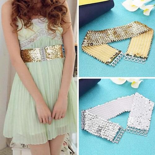 Womens Cool Punk Sparkling Sequins Elastic Stretch Wide Waistband Waist Belt cinturones para mujer