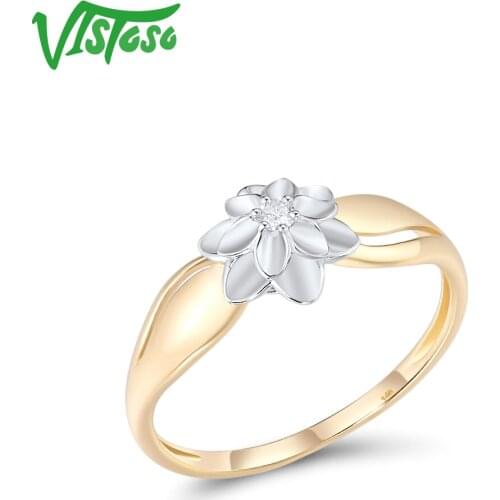 VISTOSO Authentic 14K 585 Two-Tone Gold Ring For Women Classic Sparkling Diamond Flower Rings Engagement Wedding Fine Jewelry