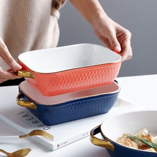 Gold Ceramic Glaze Baking Plate Bowl with Handle French Onion Soup Bowl Roasting Lasagna Dishes Pan Oven Basics Plate Bakeware