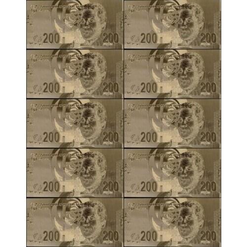 10pcs/lot New South African 200 Rand Gift 24K South African Gold Foil Banknote Replica Fake Banknotes Album Money Home Decor
