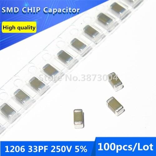 100pcs 1206 33PF 250V 5% Thick Film Chip Multilayer Ceramic Capacitor