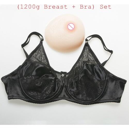 1200g/pair Extremely soft White Silicone Boobs Crossdresser Transgendered Fake Breast+Shemale Sexy Lace Satin Pocket Bra) Set