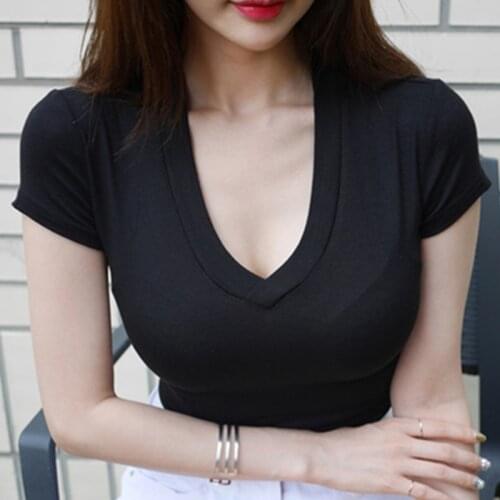 2021 Summer T Shirt Women Tops Skinny Tee Shirt Femme Korean Short Sexy V Neck Elastic Thin T-Shirts Female Slim Top