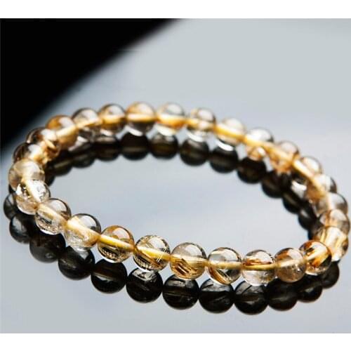 7mm Genuine Natural Yellow Hair Titanium Rutilated Quartz Crystal Charm Bracelets For Women Femme Charm Round Bead Bracelet