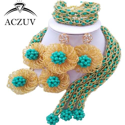 ACZUV Latest African Beads for Wedding Aqua Blue and Gold AB Crystal Nigerian Necklace Earrings C3F005