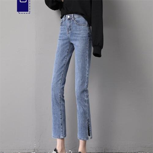 Split Jeans Womens Summer Thin Section Spring And Autumn Summer Clothes 2021 New High-Waist Nine-Point Straight Tube Womens