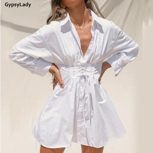 GypsyLady white Cotton Mini shirt Dress spring casual Holiday Women Dress thin Sheer v-neck Backless lace up Ladies office Dress