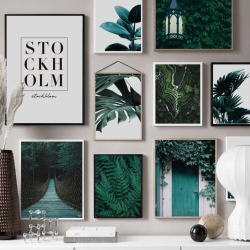 Fresh Green Leaves Bridge Door Wall Art Canvas Painting Nordic Posters And Prints Plant Wall Pictures For Living Room Home Decor