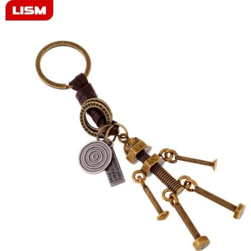 Creative Punk New Design Lovers Key Rings Alloy Screw Robot Genuine Leather Keychains for Car key Rings Gift Vintage