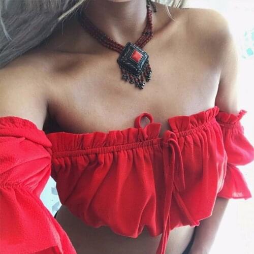 Crop tops women 2021 summer lantern sleeve sexy strapless beach tops plus size red black white ruched crop top