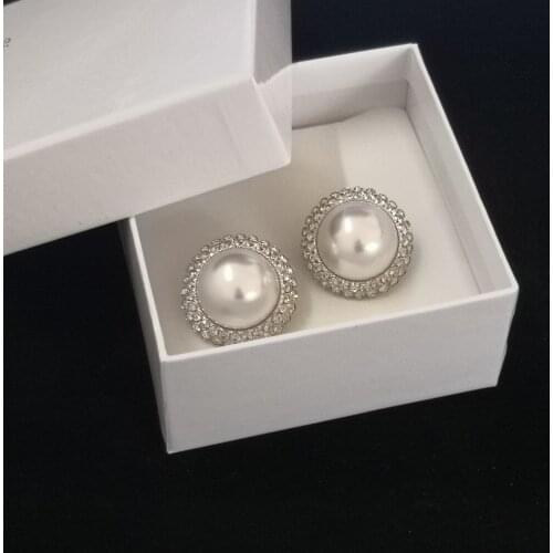Round temperament all-match diamond-studded pearl ear clip earrings