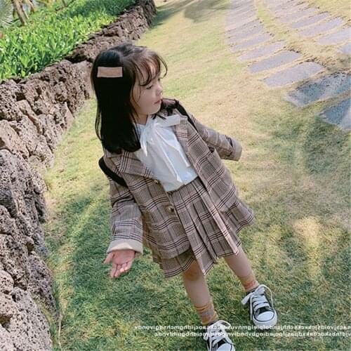 Girls 2019 New Spring Autumn Clothing Set Fashion Plaid Jacket+Pleated Skirt,Girls baby Kids 2pcs Clothes Suits Child Overwear