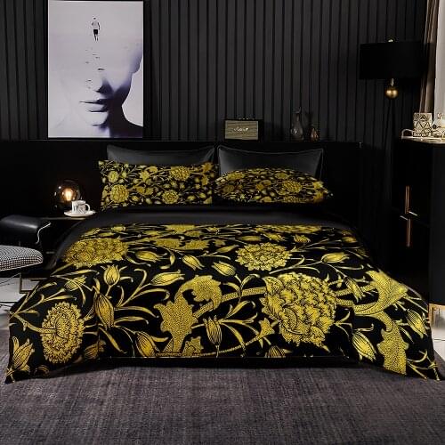 Golden Flowers Pattern Duvet Cover Set With Pillowcase,US 228 x228 Quilt Cover,EU 260×220 Blanket Cover,Luxury Black Bedding Set