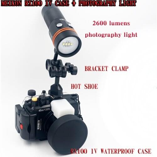 Underwater Waterproof Housing Case Camera for Sony RX100 IV + Archon D34V W40V Diving Torch Fashlight + Bracket Clamp + Hot Shoe