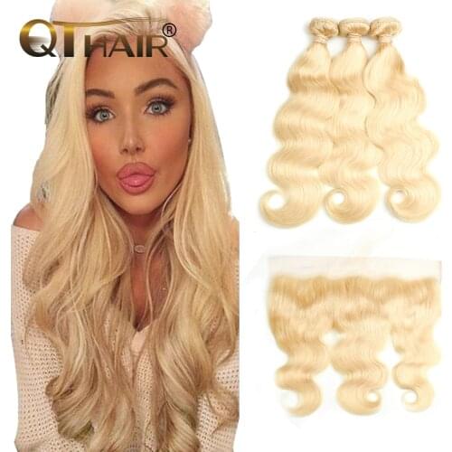 QT 613 Blonde Bundles With Frontal Brazilian Body Wave With Frontal Remy Blonde Human Hair Lace Frontal Closure With Bundle