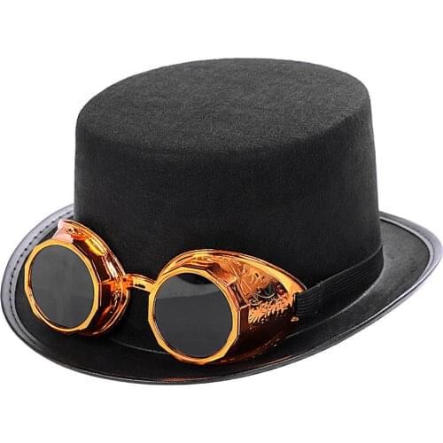 Black Hats Vintage Punk Style with Goggles Carnival Cosplay Costume Accessories Steampunk Hat for Men Women new