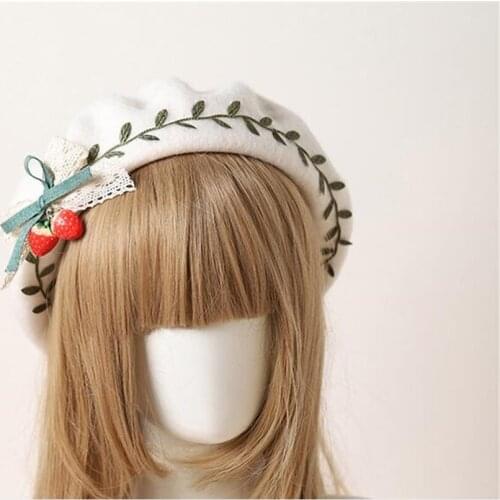 Cute Strawberry Green Leaves Beret Flat Cap Mori Girl Women Earmuffs Sweet Lolita Gloves Warmer Retro Painter Hat B797
