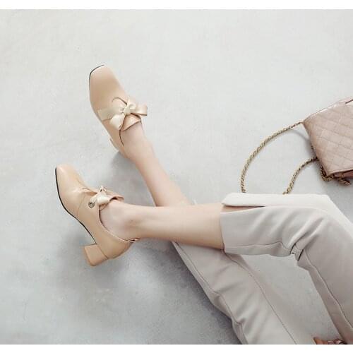 Oversized womens shoes 40-41 42 43 ribbon 44 45 46 new square front lace up thick heel middle single shoes