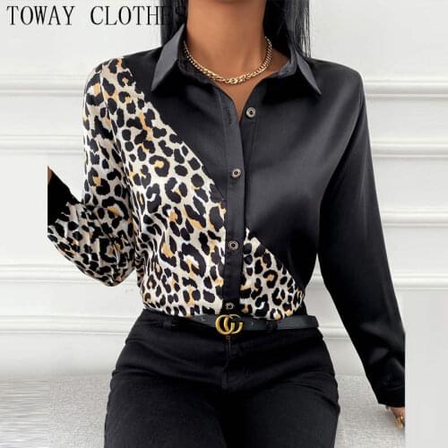 Women Turn-down Collar Leopard Print Long Sleeve Button Design Casual Shirt