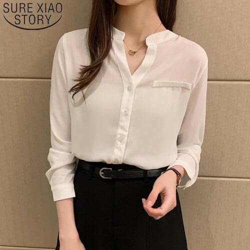 2020 Spring New Simple Solid V-neck Long-Sleeve Chiffon Blouse Female Womens Casual Loose Slim Shirt Pure White Shirt 8969 50