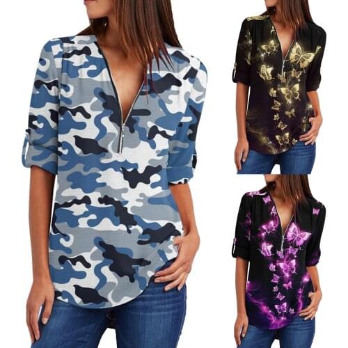 Women Long Sleeve Loose Deep V-neck Zipper T-Shirt Beatuty Butterfly Splicing Printing Blouse Top All-match Lovely Girls T-shits