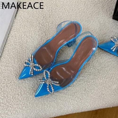 Summer Green PVC Transparent Crystal Shoes Woman High heel Sandals pointy Goblet heels Slingbacks Sexy Shinny Party Shoes Woman