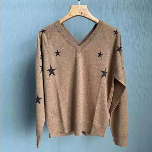 100% Cashmere Womens Sweater Stars Printed Pullover V-neck Long Sleeve Casual Knitted Tops 2021 Spring Autumn