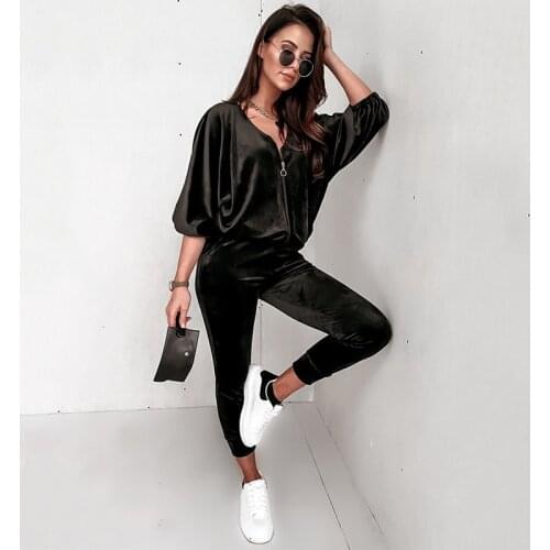 Zipper V-neck Women Sports Suit Velvet 2pcs Sets Solid Long Sleeve Sweatshirt+Pant European Style Female Outfit Streetwear