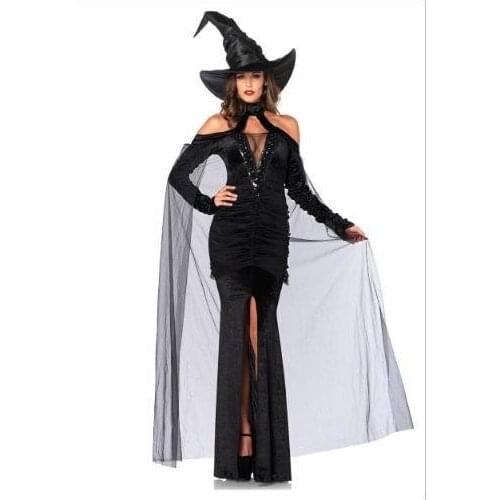 Long Sleeves Black Magic Sorceress Gothic Fancy Dress Cosplay Witch Costume Sexy Adulte Halloween Costumes for Women