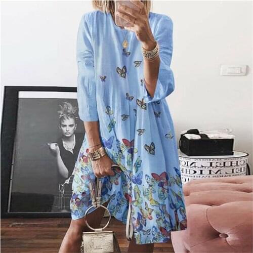 Womens Dress Bohemian Summer Beach Retro Dress Round Neck Vestidos Three Quarter Oversized Casual Print Fashion Robe Femme 2021