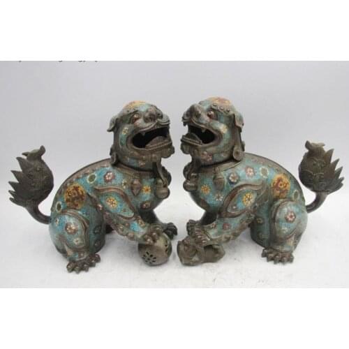 11" Chinese Palace Red Copper Cloisonne Foo Dog Lion Beast Incense Burner Censer