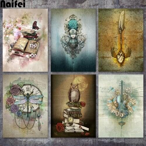 5D Diy Diamond Embroidery Mosaic Painting Round Square Drill Steampunk Feather Flower Violin Girl Owl Cross Stitch Kits