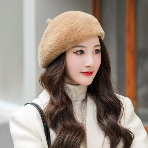 Women Plush Mink Cashmere Solid Color Beret Ladies Knitting Hats Winter Warm French Painter Hat Rabbit Fur Beret Free Shipping