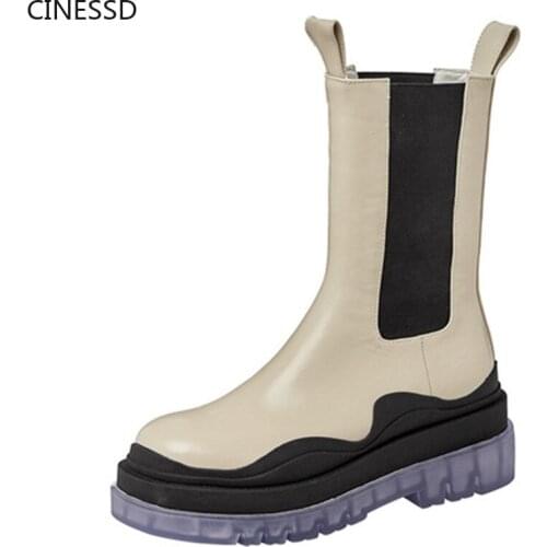 Chelsea Boots Genuine Leather Boots Women British Style Autumn Winter Platform Ankle Boots Mixed Colors Shoes
