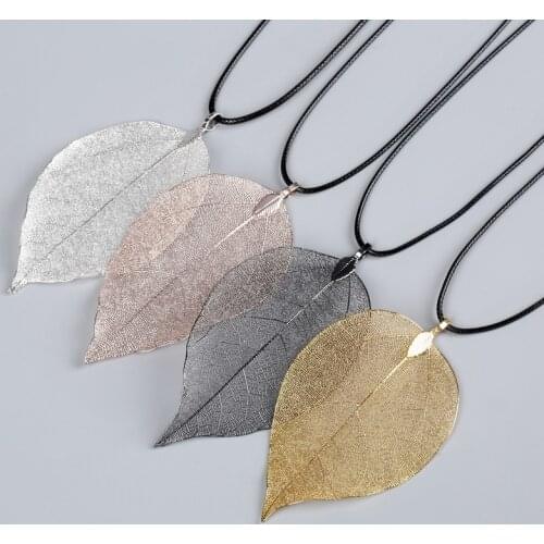 LOVBEAFAS Brand Choker Collares Necklaces Pendants For Women Leather Rope Natural Real Leaf Filigree Necklace Jewelry Gift