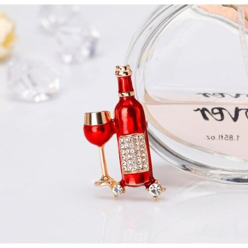 Rhinestone Bottle Brooch Fashion Personality Red Wine Glass Brooches for Women Man Accessories Enamel Jewelry