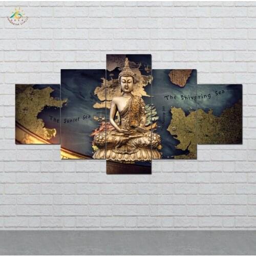 Buddha World Map Wall Art HD Prints Canvas Art Painting Modular Picture And Vintag Poster Canvas Painting Home Decor 5 PIECES