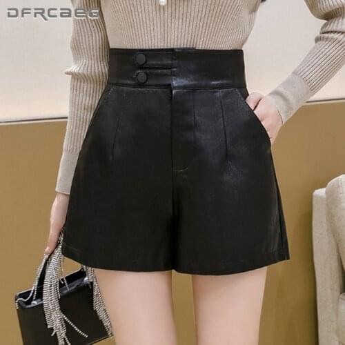 Black Casual Womens Leather Wide Leg Shorts 2021 Autumn Winter High Waist Trend PU Short Pants Female