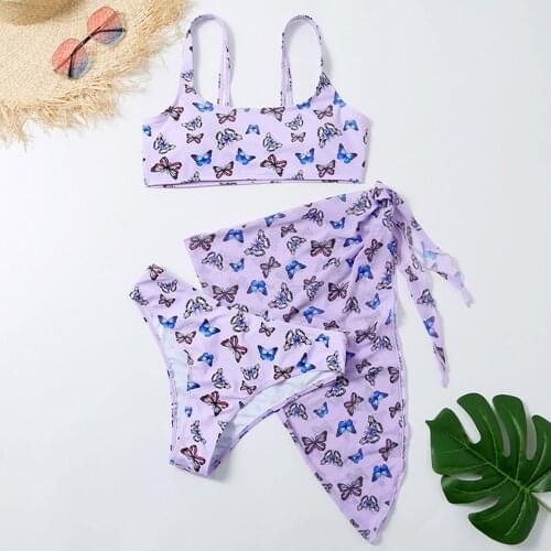 Womens Swimsuit 3-piece Butterfly Printed Bikini Swimsuit 2021 New Split Bikini Butterfly Printed Mesh Three-piece Swimsuit