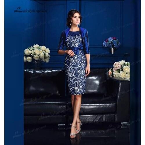 Elegant Blue Two Pieces Lace Short Mother of the Bride Dresses With Jacket Knee Length Bow Half Sleeve Wedding Guest Dresse