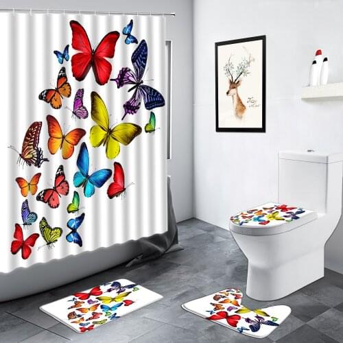 Creative Color Butterfly Shower Curtain Cartoon Hand Painted Art Animals Bathroom Decor Carpet Non-slip Rug Toilet Bath Mats Set