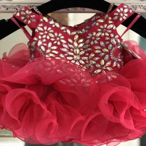 Little Miss Pageant Dress for Infant Toddler Baby Girl 2019 Unique Crystals Cupcake Glitz Kid Prom Dance Party Gown Burgundy