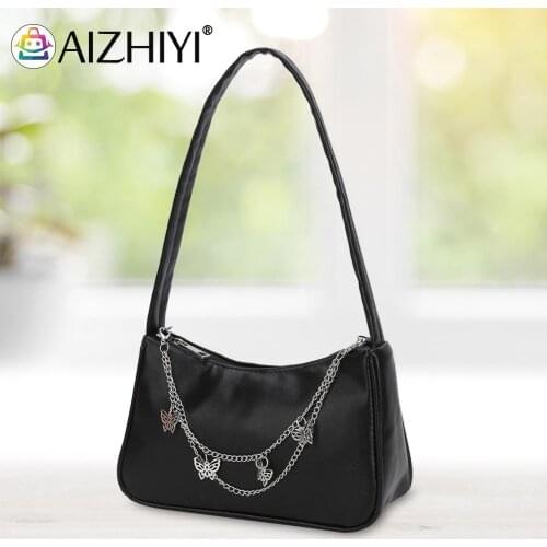 Fashion Women PU Leather Small Shoulder Underarm Bag Ladies Vintage Butterfly Chain Pure Color Zipper Mini Purse Handbag