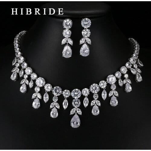 HIBRIDE Fashion Style Water Drop Surrounded CZ Stone Pendants Necklace Earrings Rhodium Plated Bridal Wedding Jewelry Sets N-68