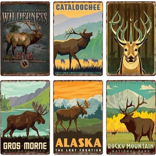 Cartoon Animals Tin Sign Elk Antelope Metal Poster Grassland Landscape Metal Plate for Bar Club Modern Home Living Room Decor